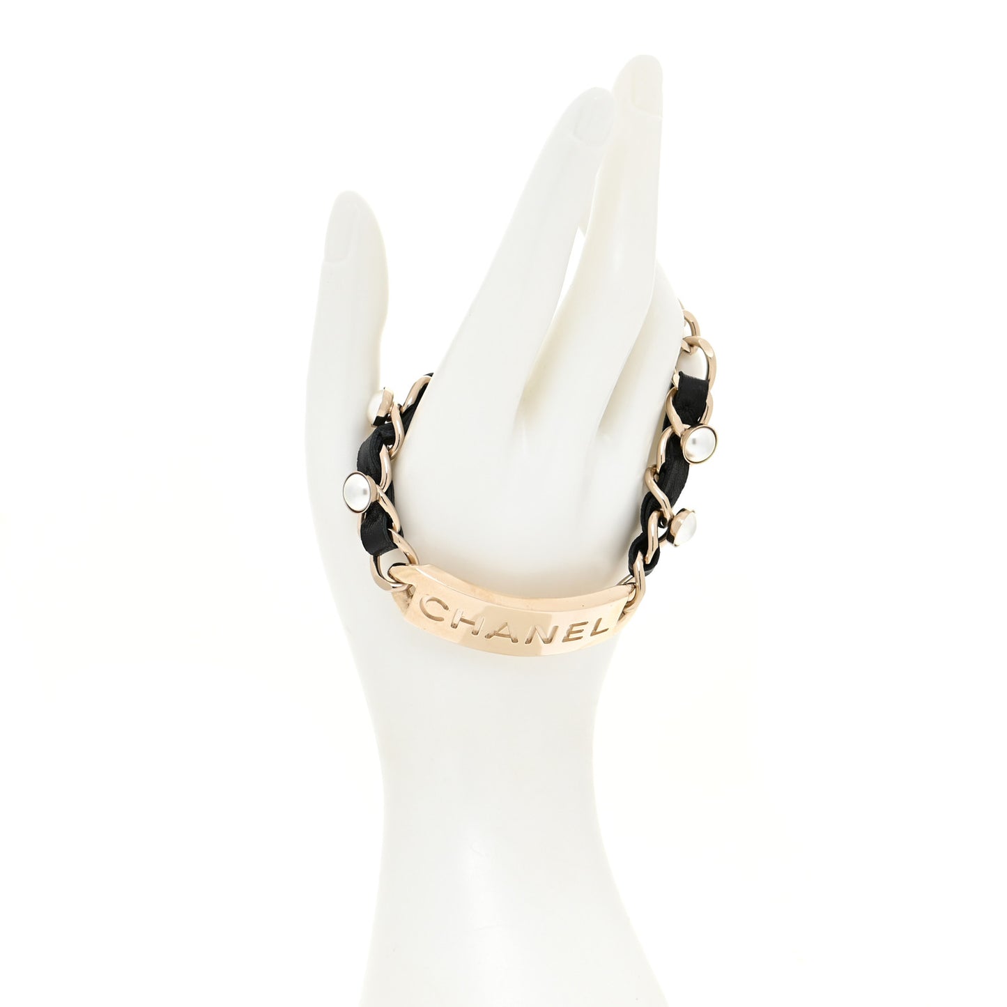 Metal Lambskin Pearl Name Plate Bracelet Black Gold