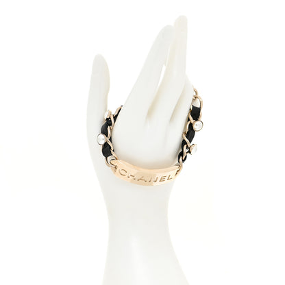 Chanel Metal Lambskin Pearl Name Plate Bracelet Black Gold 2 of 5