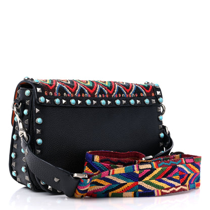 Valentino Garavani Pebbled Calfskin Beaded Medium Guitar Strap Rockstud Rolling Flap Saddle Bag Black 3 of 8