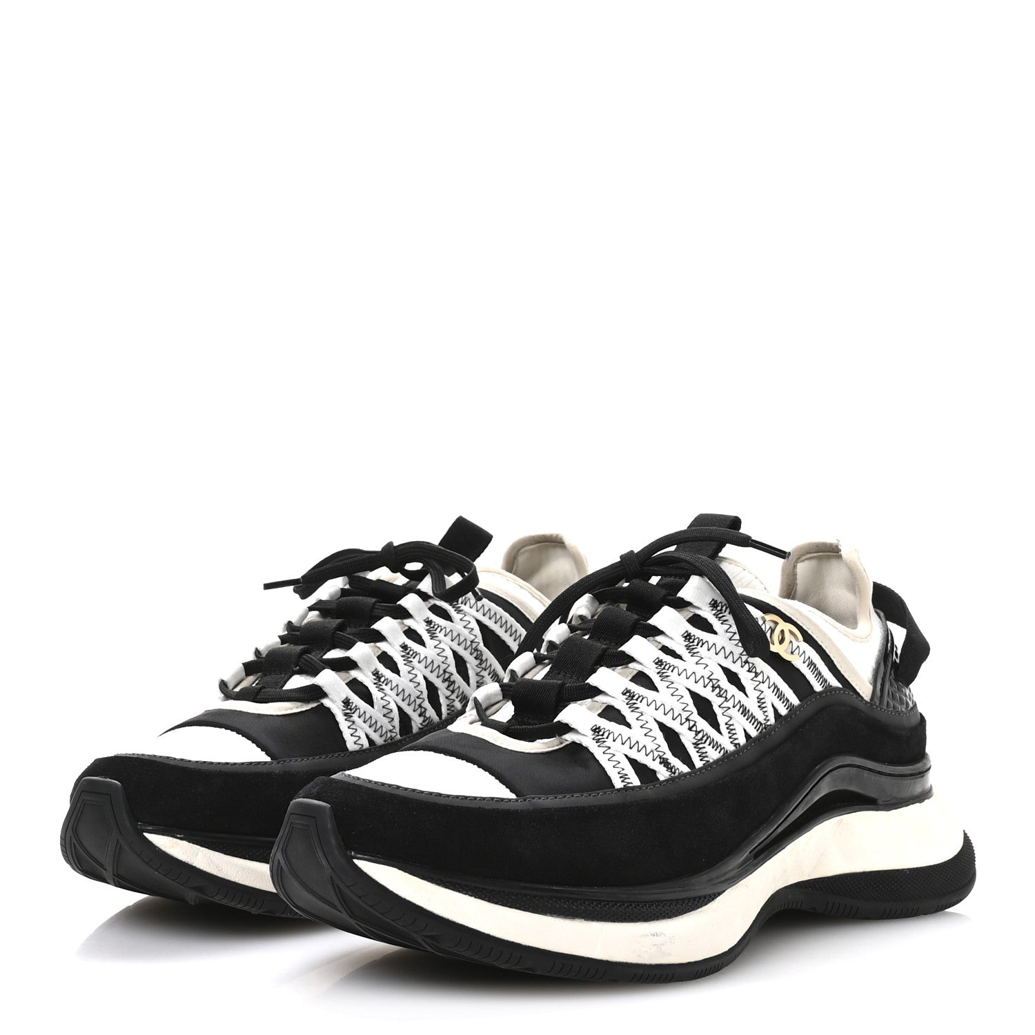 Chanel Fabric Suede Calfskin Sneakers 41 Black Beige White 4 of 9