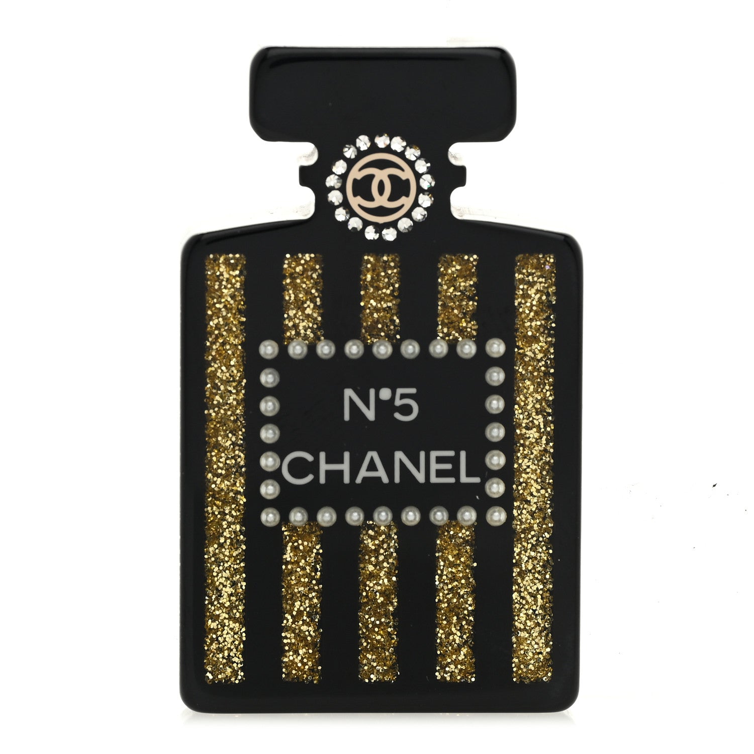 Chanel Resin Strass Perfume Bottle CC Brooch Black Gold 1 of 4