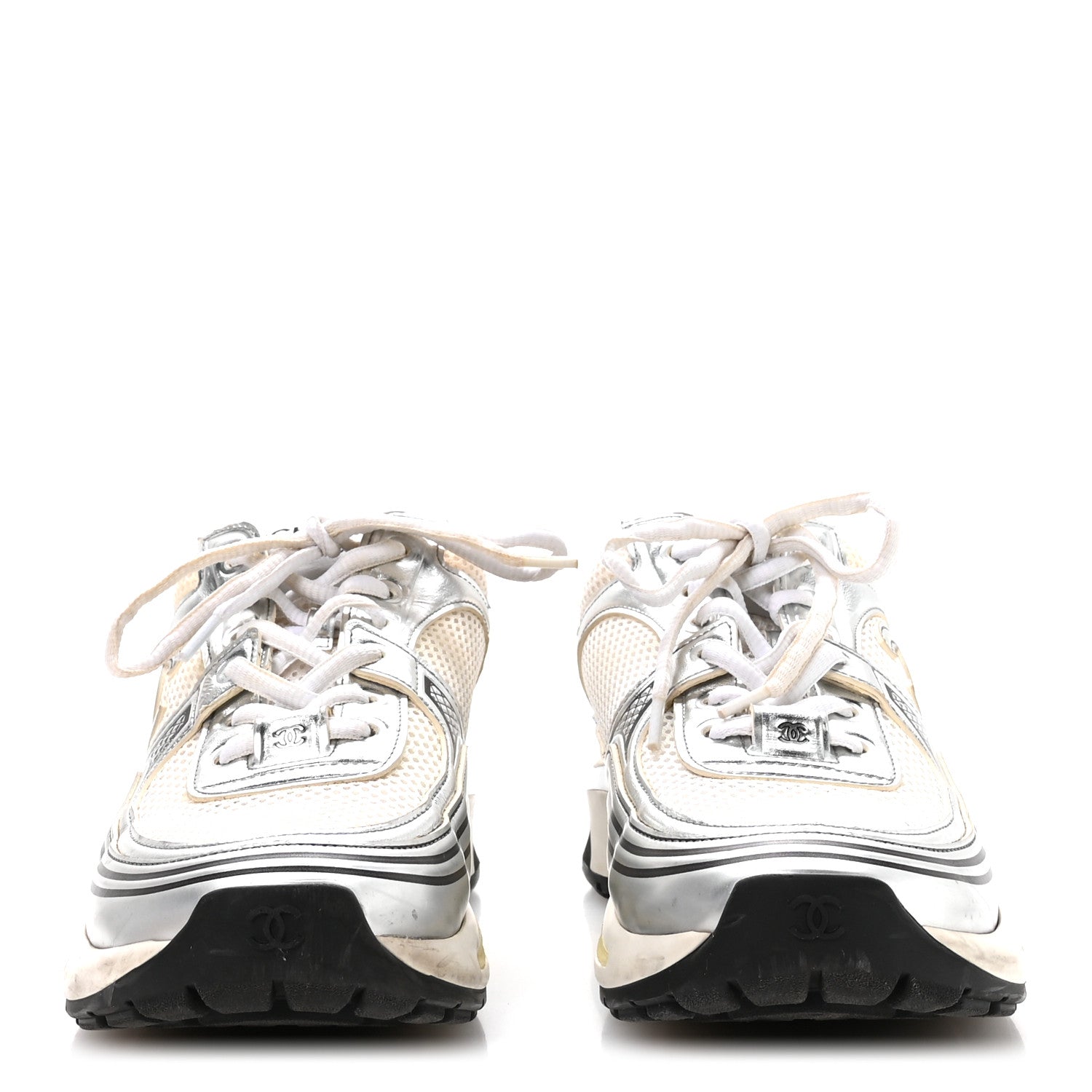 Chanel Fabric Laminated Calfskin Stretch CC Sneakers 38.5 White