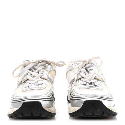 Chanel Fabric Laminated Calfskin Stretch CC Sneakers 38.5 White Silver 3 of 7