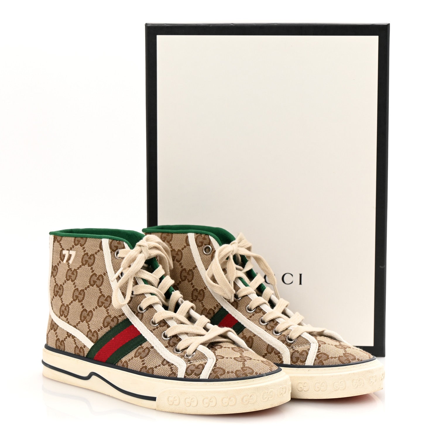 Gucci GG Monogram Web Womens 1977 Tennis High Top Sneakers 37.5 Beige Ebony Mystic White 10 of 10