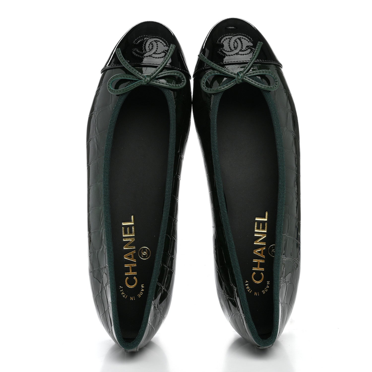 Chanel Crocodile Embossed Patent Calfskin Cap Toe CC Ballerina