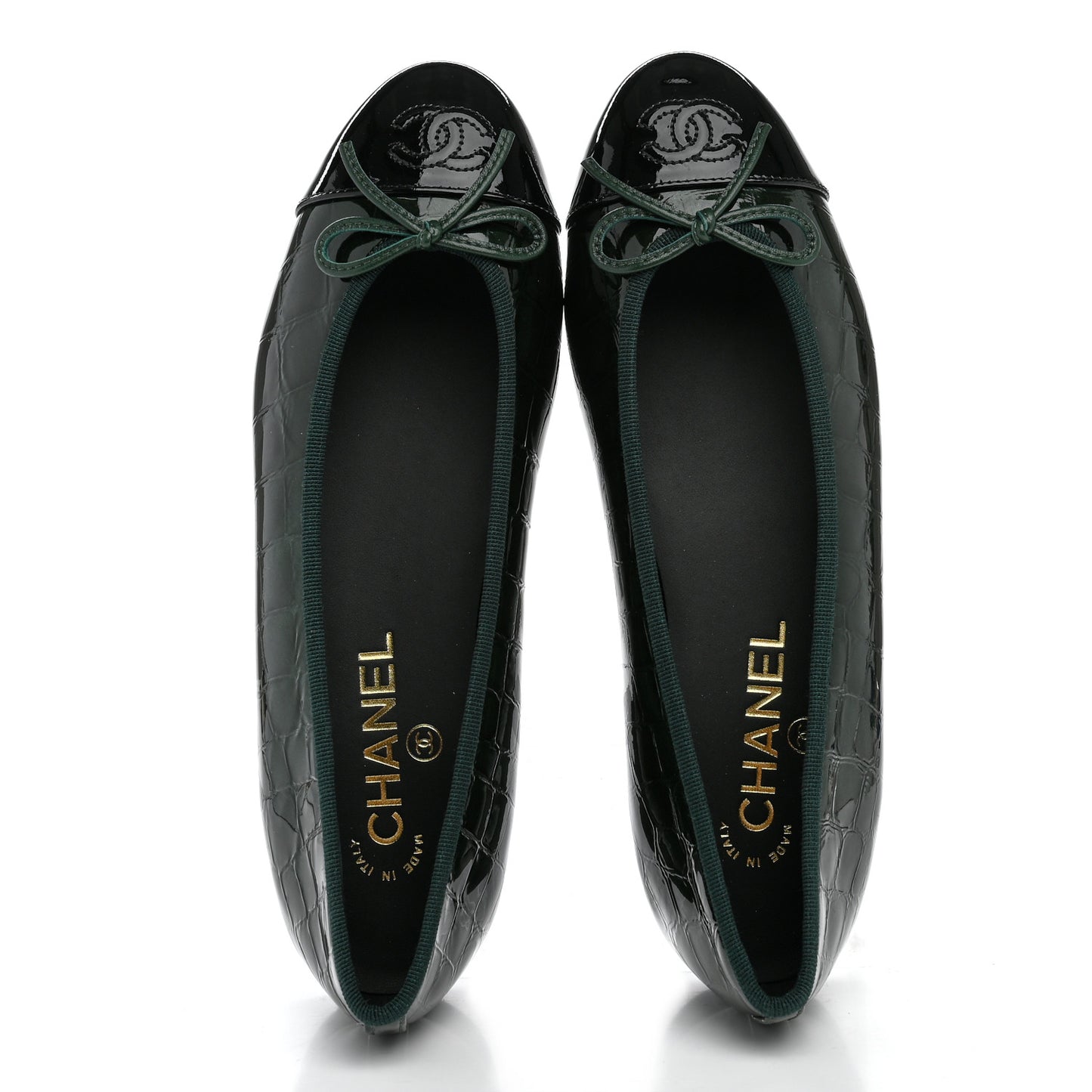 Crocodile Embossed Patent Calfskin Cap Toe CC Ballerina Flats 38 Dark Green Black