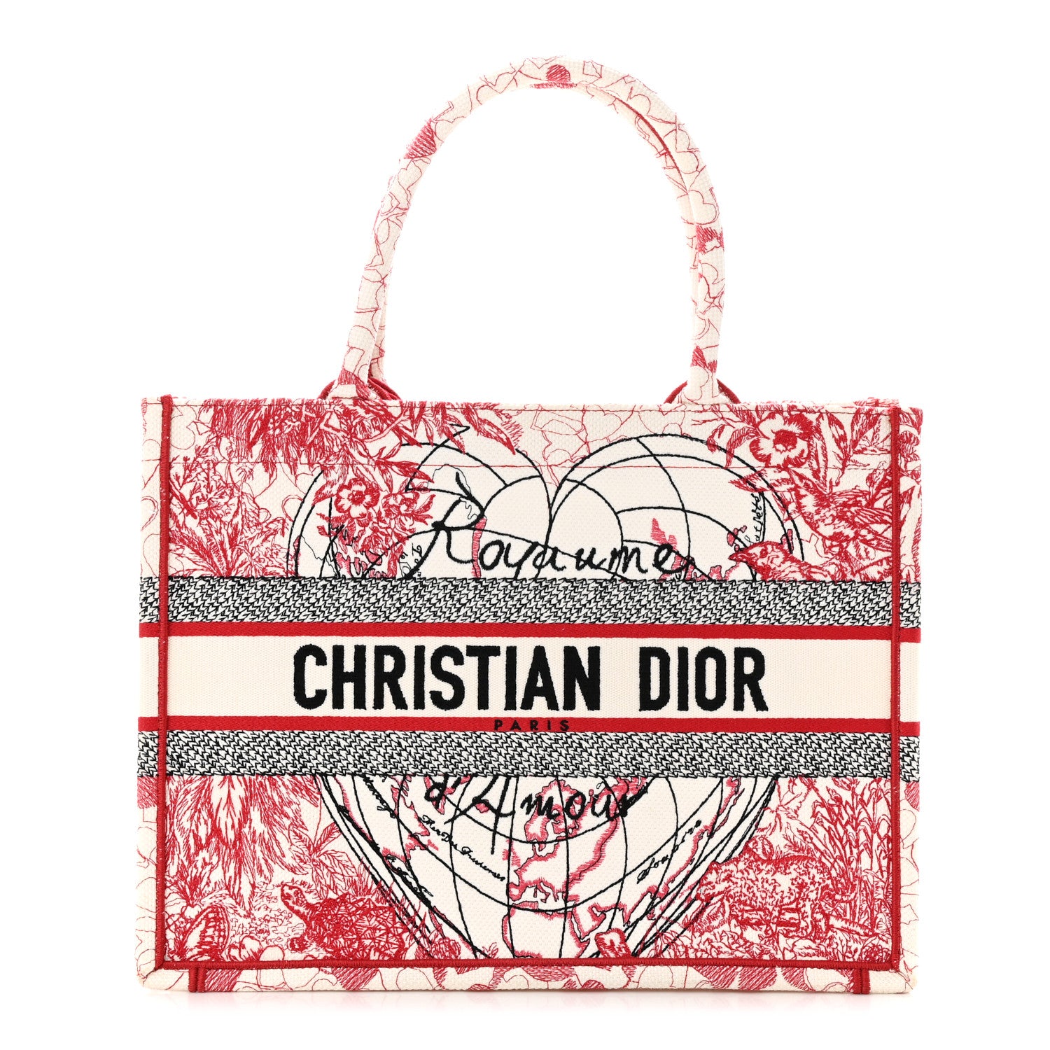 this is an image of a medium CHRISTIAN DIOR Canvas Embroidered Dioramour D-Royaume Book Tote in the colors Red, white, and black by FASHIONPHILE