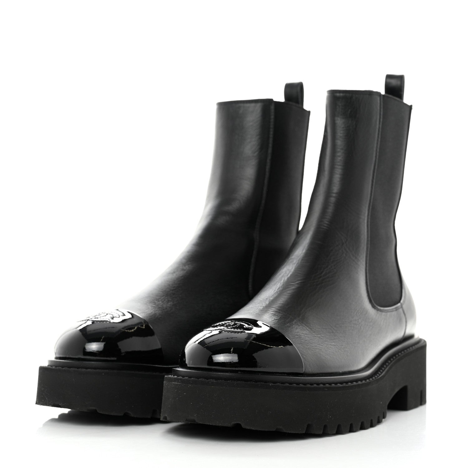 Chanel Crumpled Calfskin Patent Cap Toe Short Boots 39 Black 3 of 9