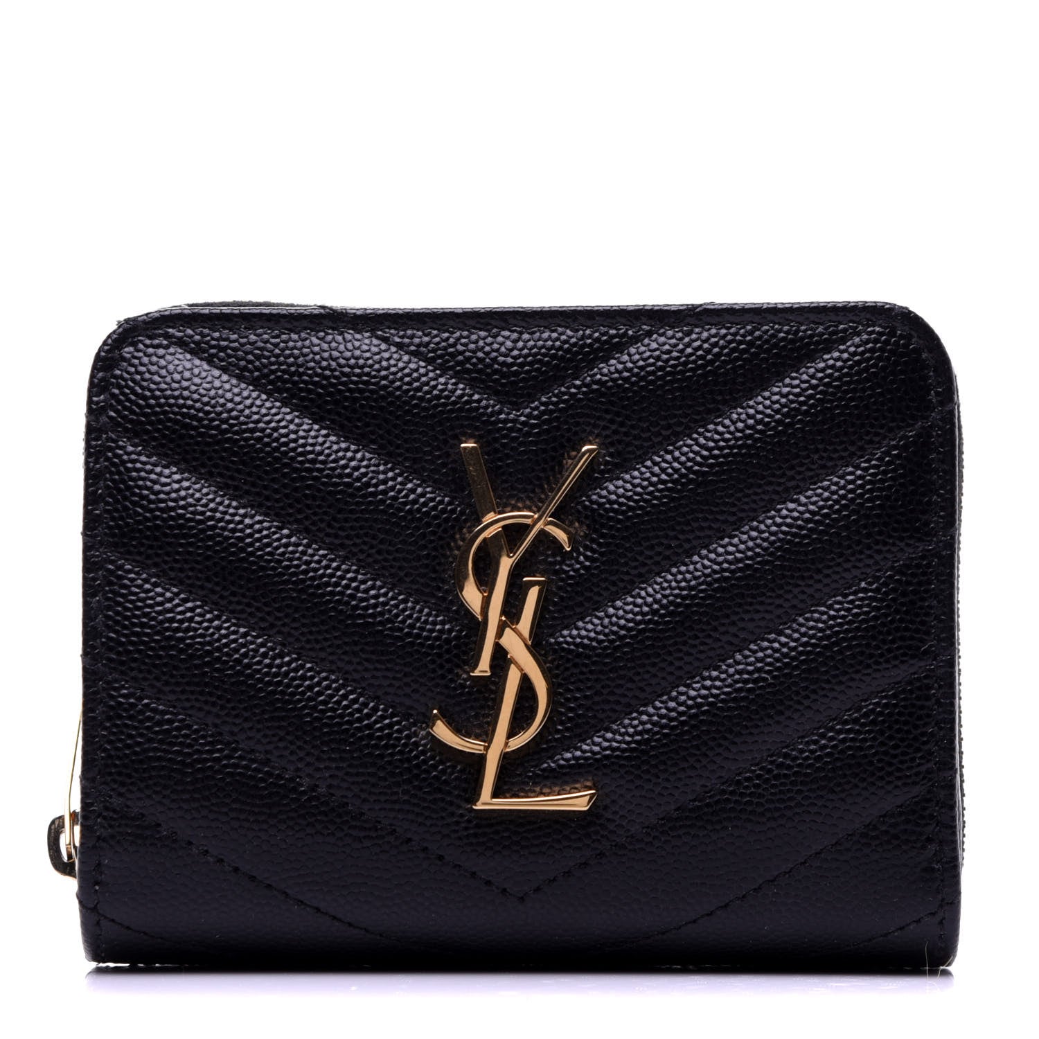 Saint Laurent Grain De Poudre Matelasse Chevron Monogram Compact Zip Around Wallet Black 1 of 9