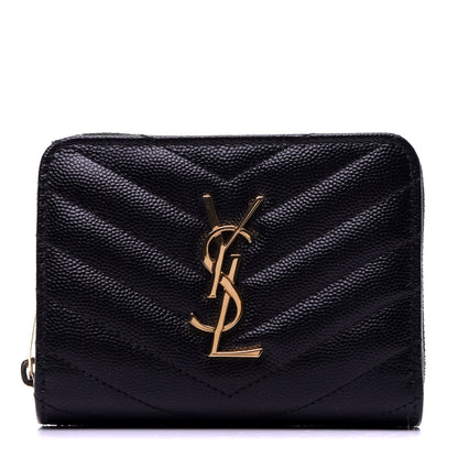 Saint Laurent Grain De Poudre Matelasse Chevron Monogram Compact Zip Around Wallet Black 1 of 9