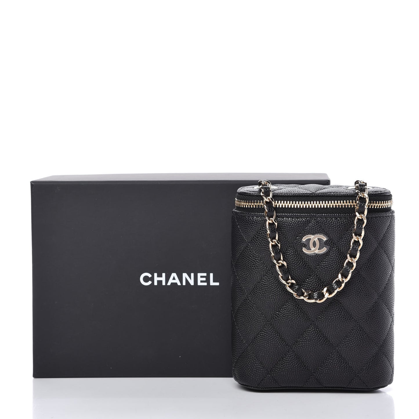 Caviar Quilted Small Vertical Coco Beauty Vanity Case With Chain Black
