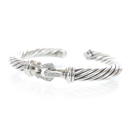 David Yurman Sterling Silver Diamond 7mm Cable Buckle Cuff Bracelet 1 of 5