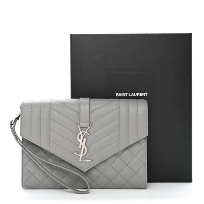 Saint Laurent Grain De Poudre Textured Mixed Matelasse Triquilt Monogram Clutch Storm 8 of 8