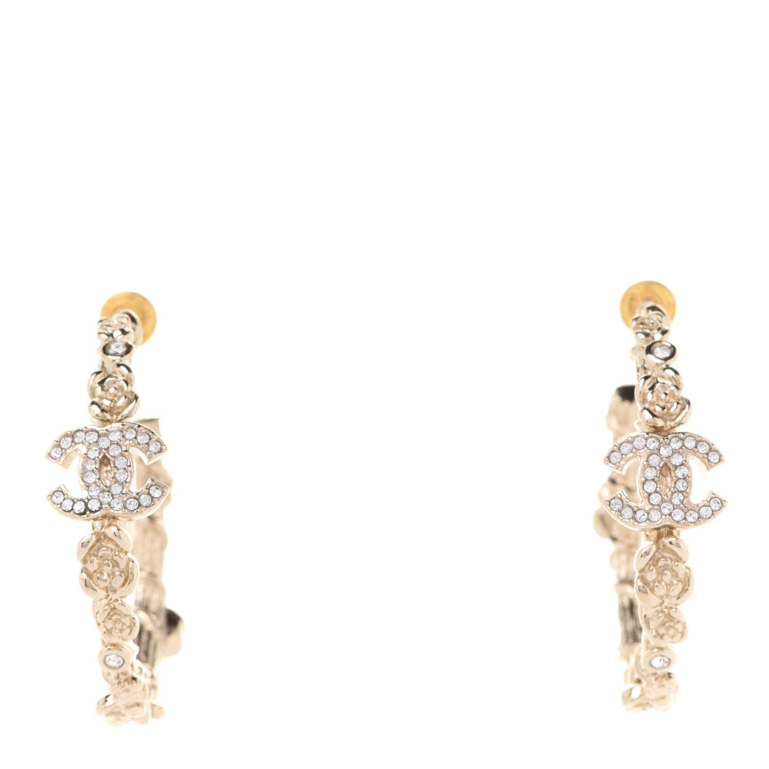 Chanel Crystal Camellia CC Hoop Earrings Gold 1 of 5