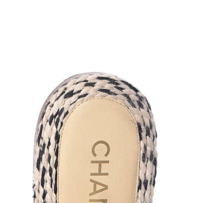 Chanel Cord CC Slip On Sandals 37 Beige Black 12 of 18