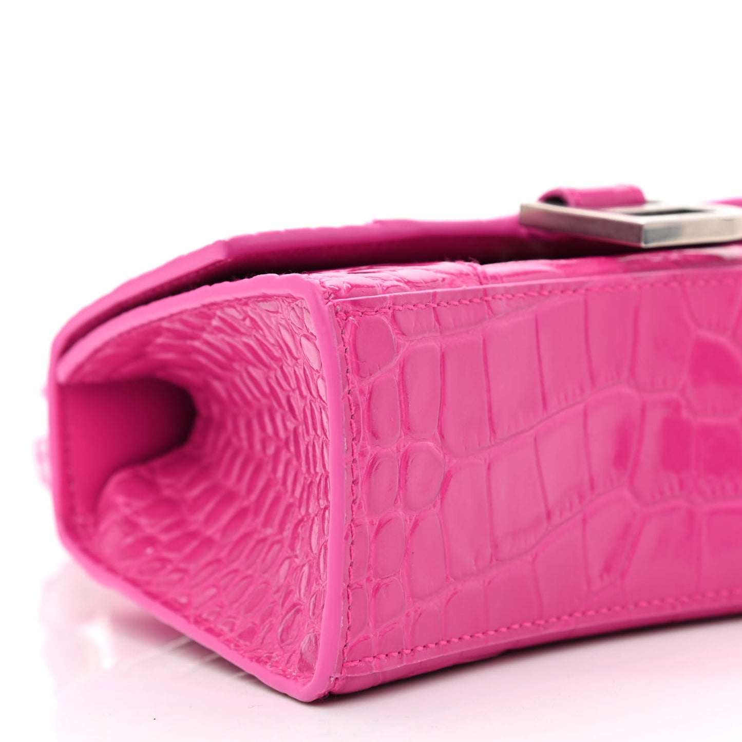 Shiny Calfskin Crocodile Embossed Hourglass Top Handle Bag XS Lipstick Pink