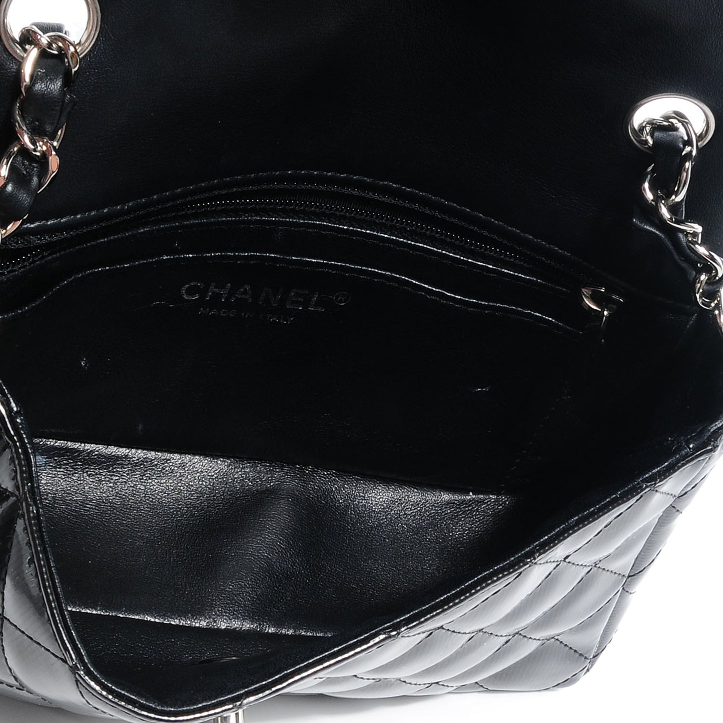 Striated Patent Leather Quilted Mini Flap Black