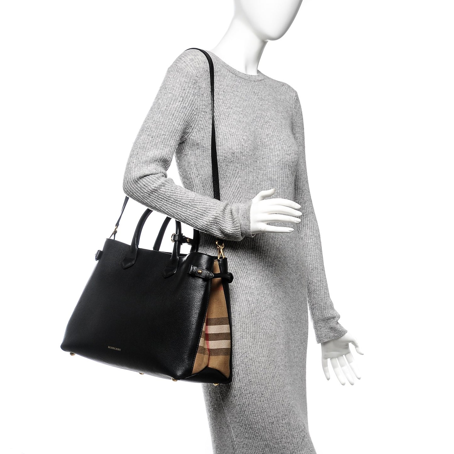 Grainy Calfskin House Check Large Banner Tote Black