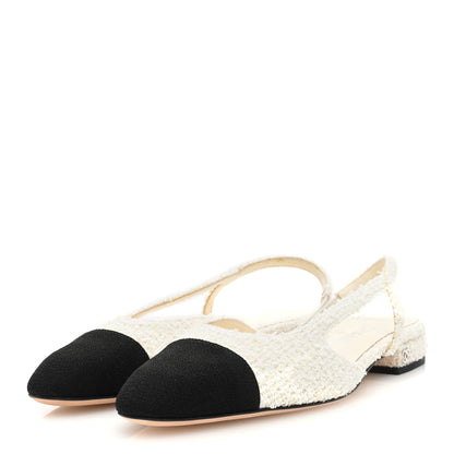 Chanel Tweed Cap Toe CC Slingback Flat 37.5 White Black 2 of 7