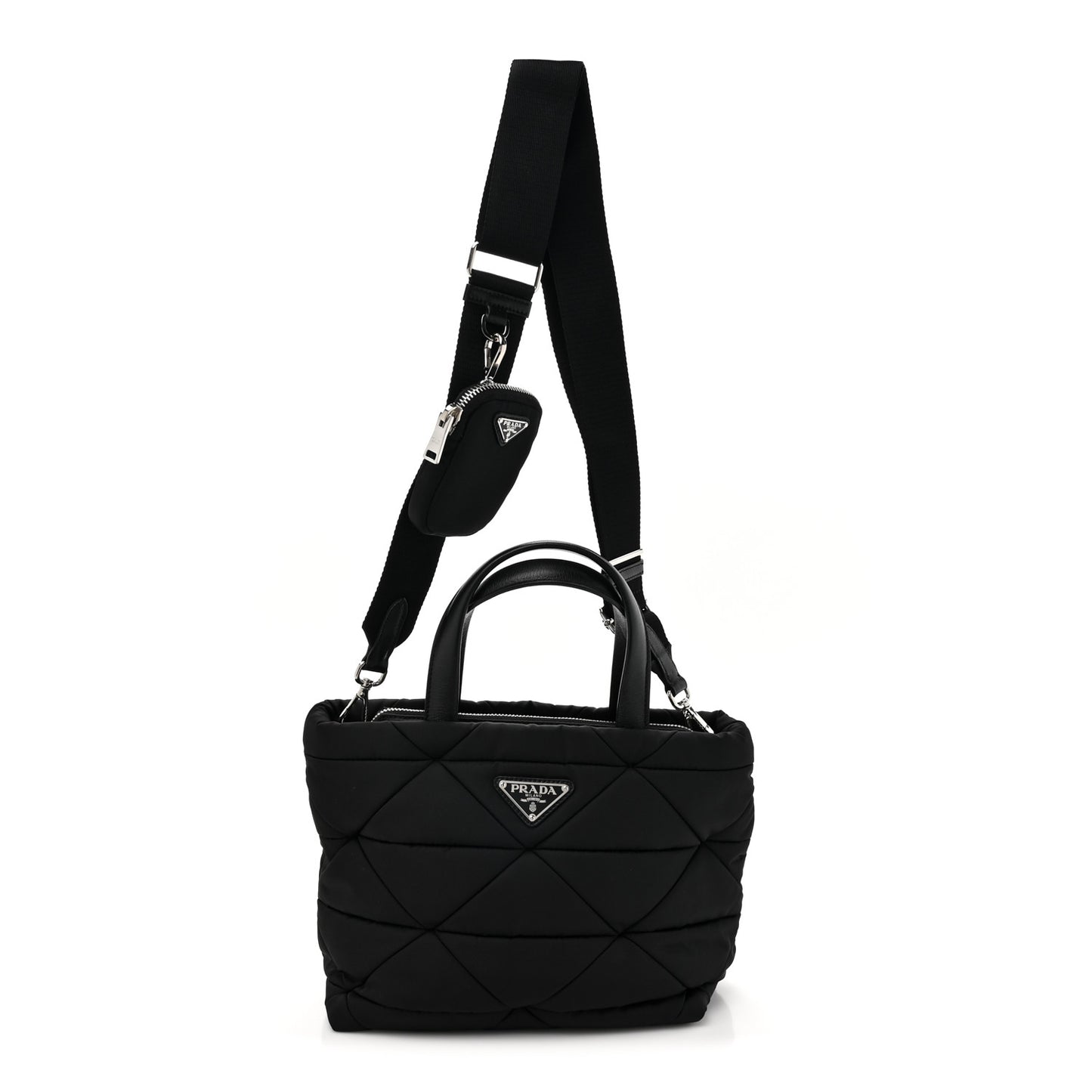 Re-Nylon Nappa Triangle Quilted Padded Double Handled Zip Pocket Tote Black