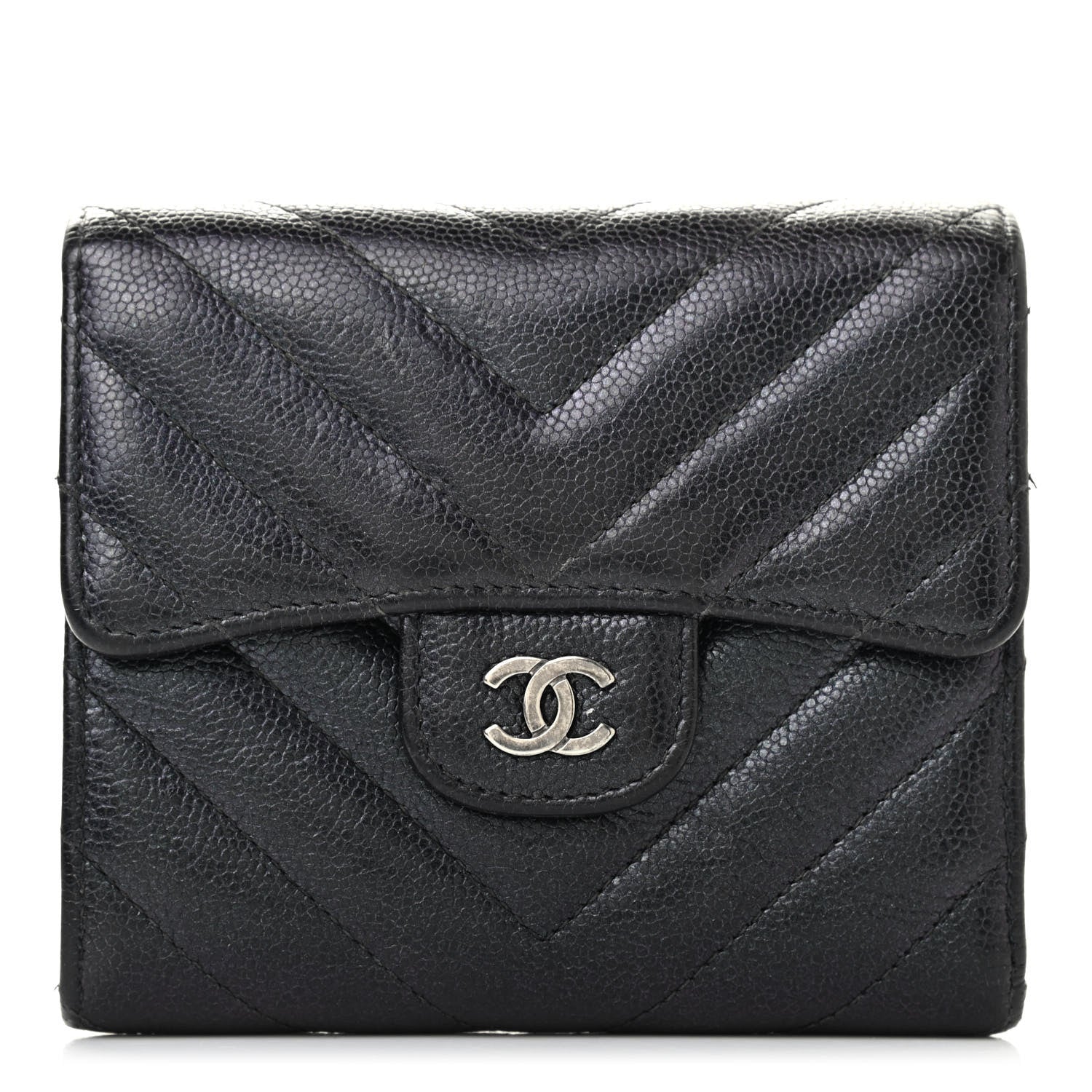 Chanel Iridescent Caviar Chevron Quilted Compact Flap Wallet Black 1 of 11