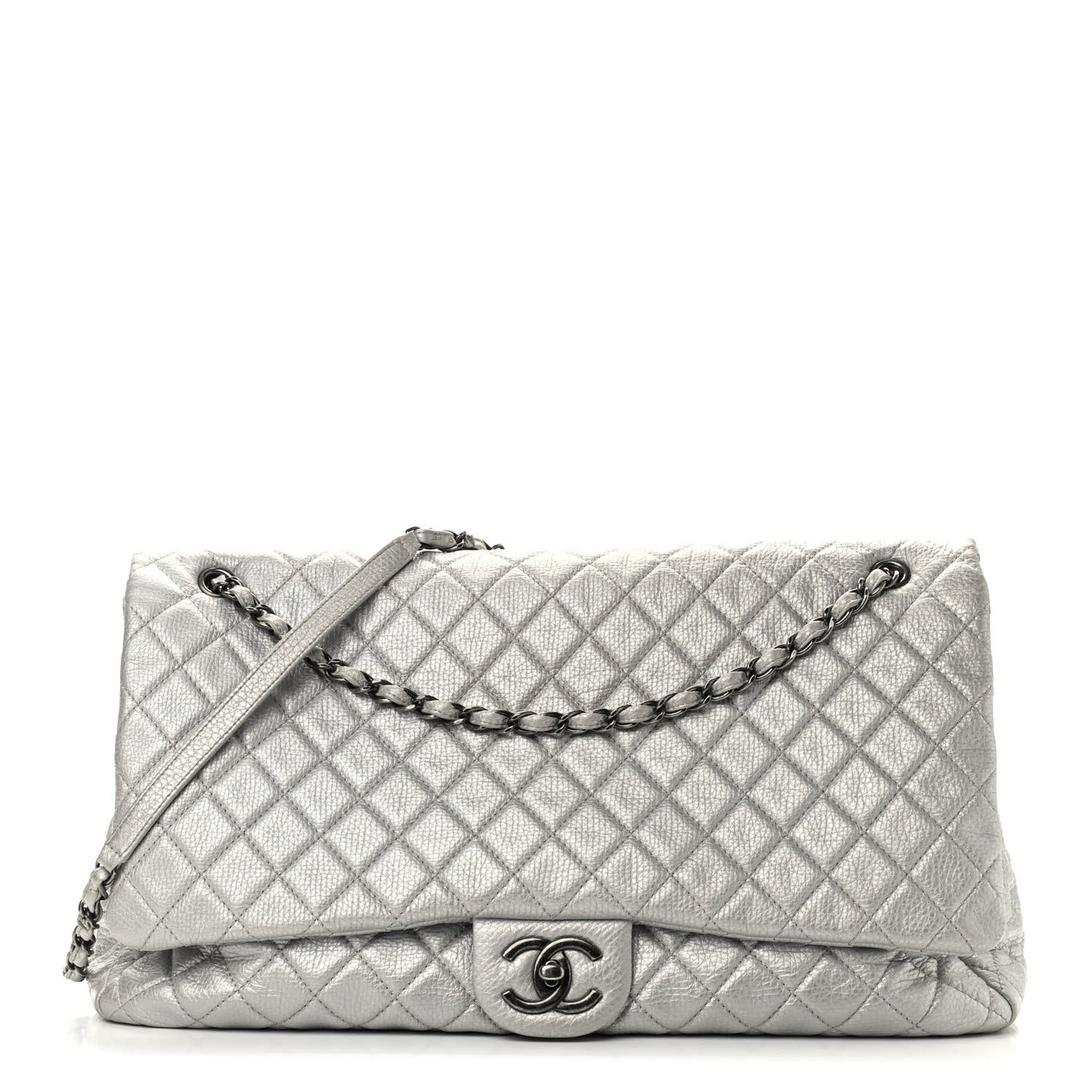 Metallic Calfskin Quilted XXL Travel Flap Bag Silver