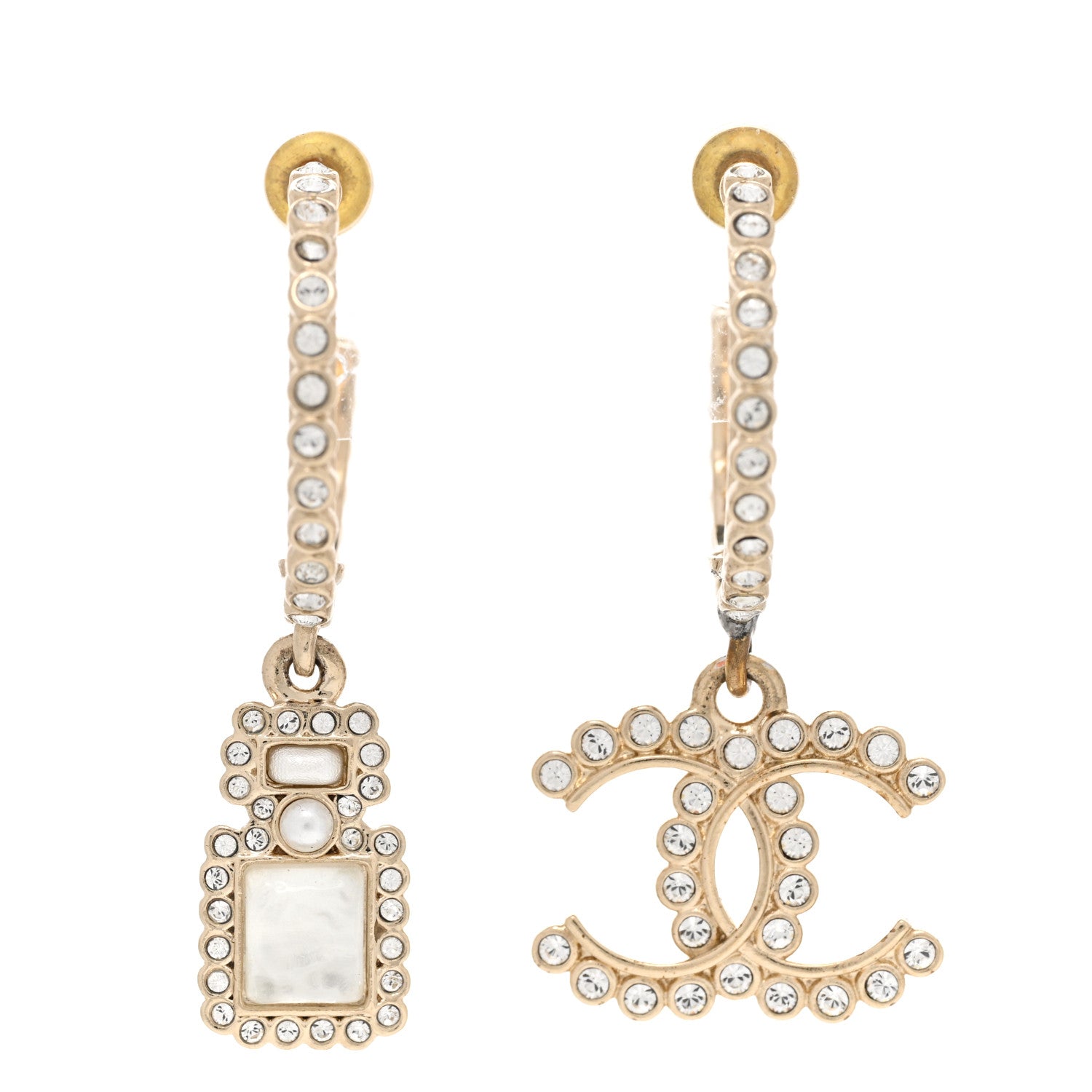 Chanel Crystal Pearl CC Perfume Bottle Drop Hoop Earrings Gold 1 of 6