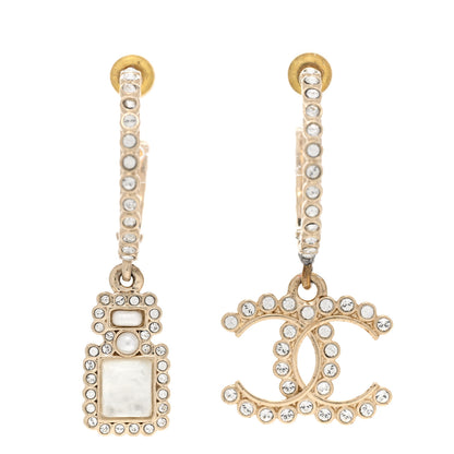 Chanel Crystal Pearl CC Perfume Bottle Drop Hoop Earrings Gold 1 of 6