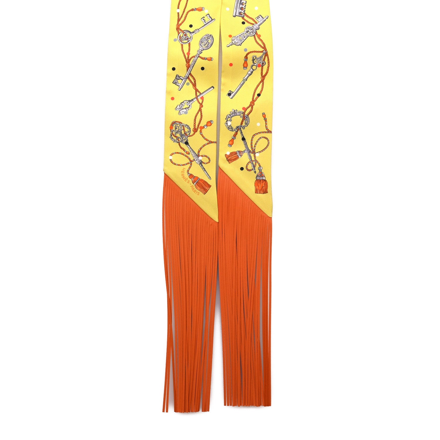 Hermes Silk Calfskin Les Cles A Pois Fringed Twilly Jaune Argent Orange Vif 2 of 4