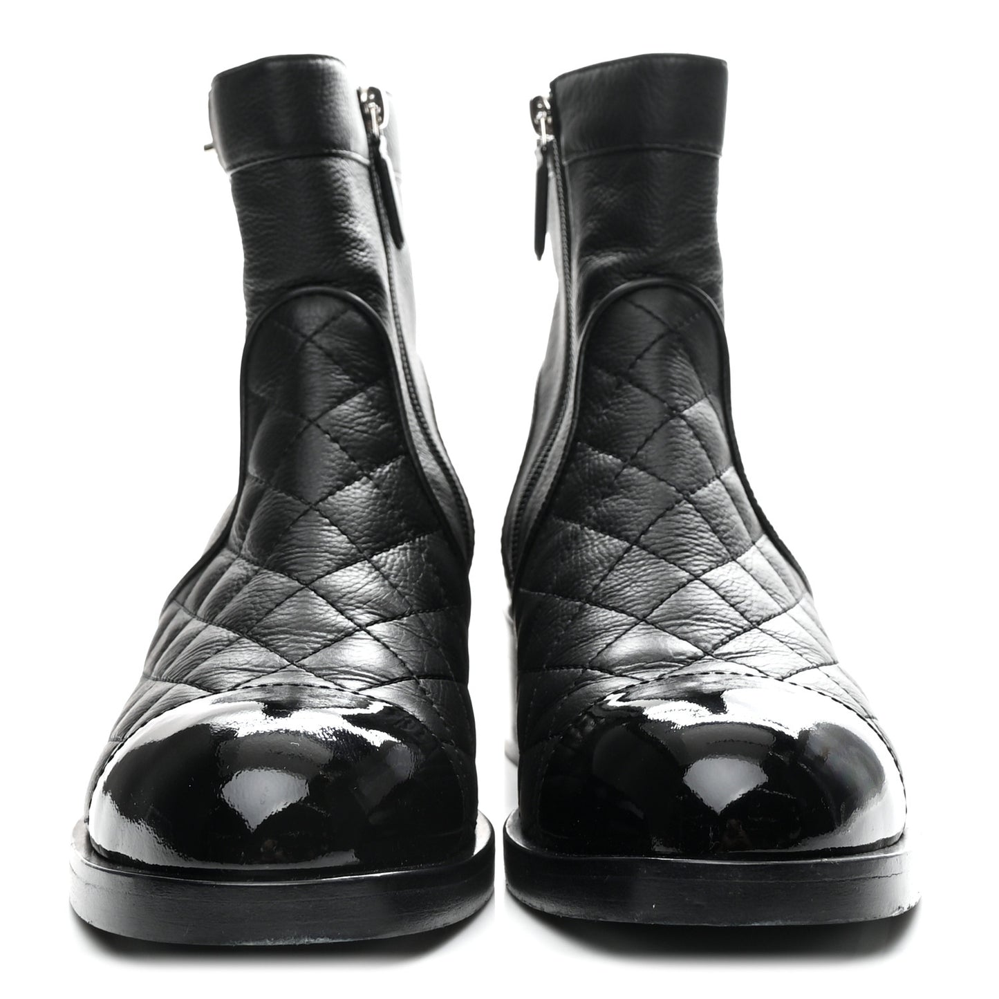 Calfskin Patent Quilted Cap Toe Short Boots 37.5 Black