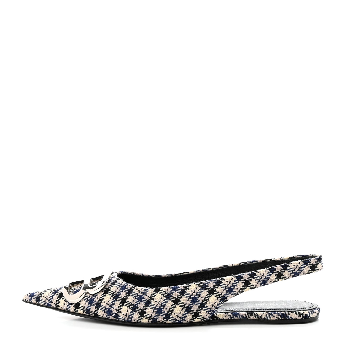 Tweed Prince Of Wales BB Knife Pointy Toe Slingback Flats 37 Beige Navy Silver