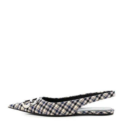 Balenciaga Tweed Prince Of Wales BB Knife Pointy Toe Slingback Flats 37 Beige Navy Silver 1 of 14