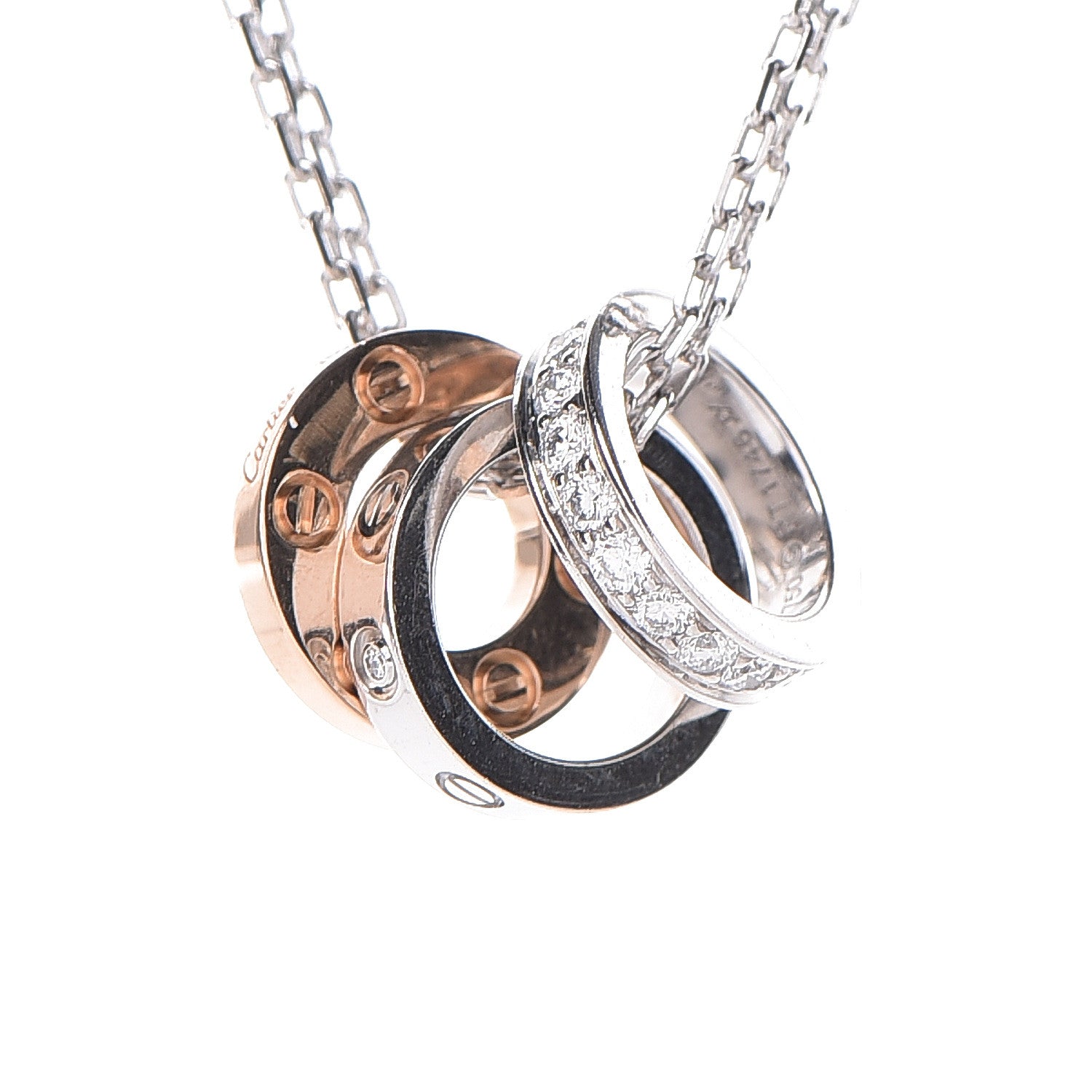 Cartier 18K White Pink Gold Diamond Three Ring LOVE Pendant Necklace 4 of 10