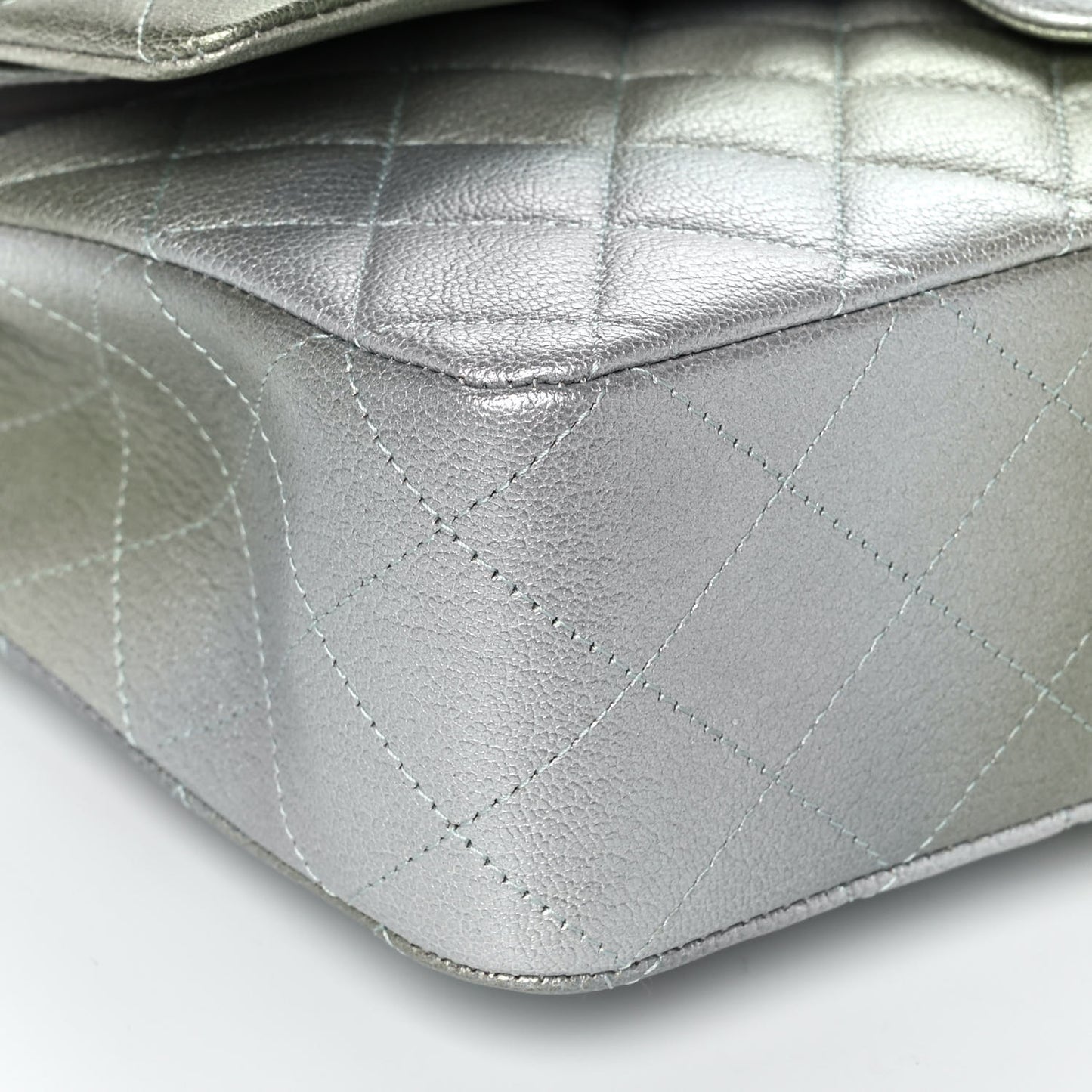 Metallic Goatskin Quilted Medium Double Flap Grey Green