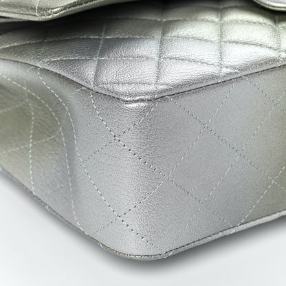 Chanel Metallic Goatskin Quilted Medium Double Flap Grey Green 9 of 10