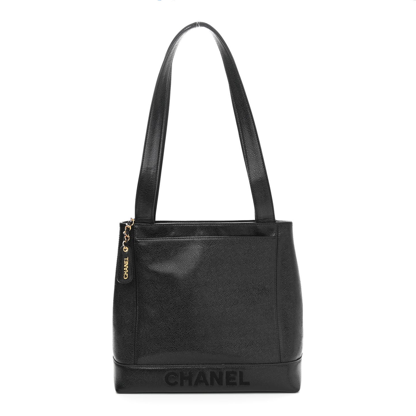 Caviar Embroidered Logo Shoulder Bag Black