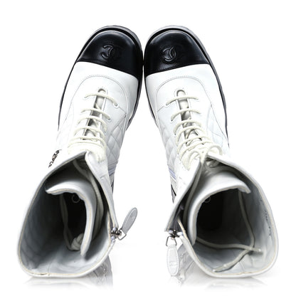Chanel Grained Calfskin Quilted Chain Lace Up Combat Long Boots 40.5 White Black 2 of 13