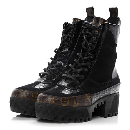 Louis Vuitton Suede Calfskin Monogram Laureate Platform Desert Boots 38 Black 3 of 13