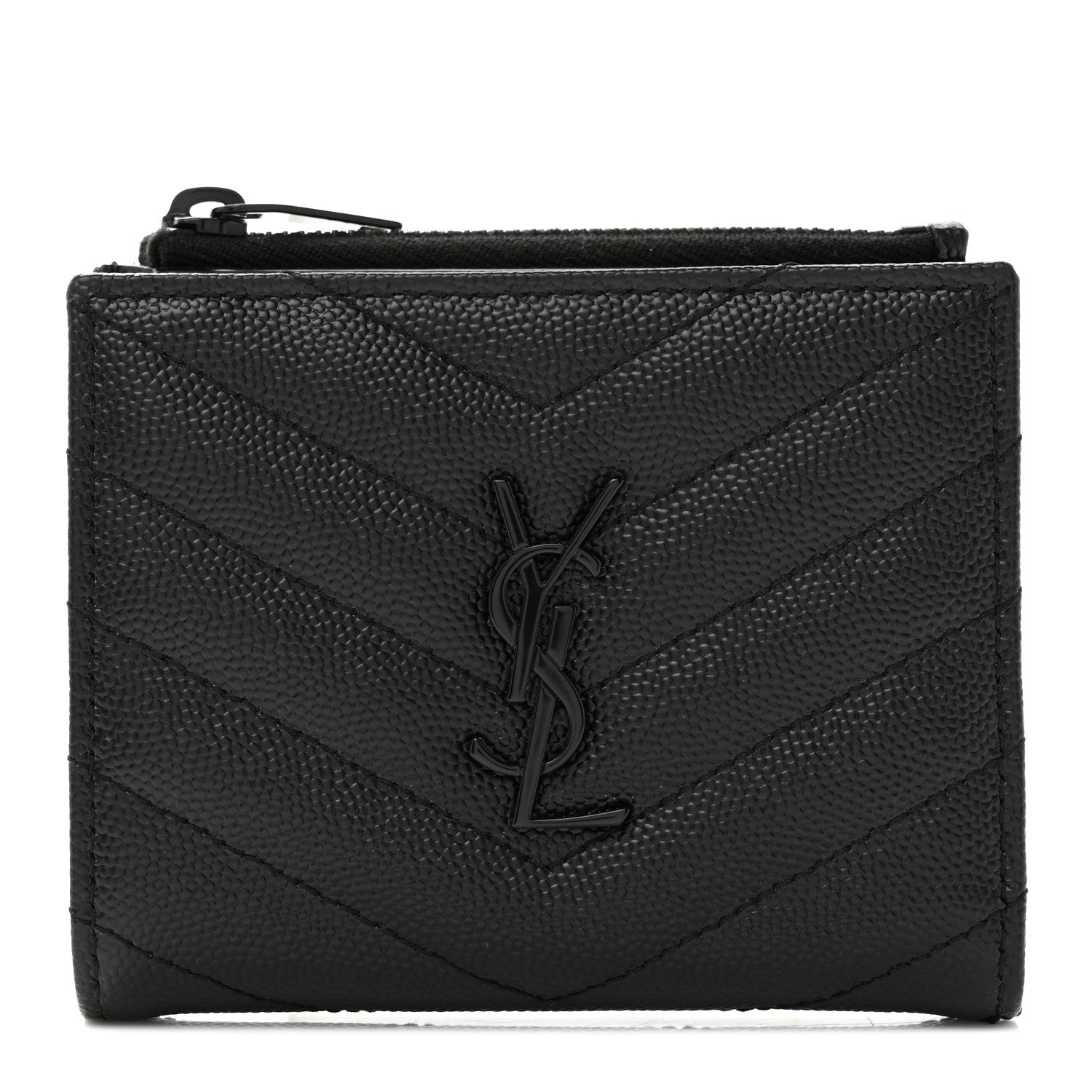 Saint Laurent Grain De Poudre Matelasse Chevron Monogram Zipped Card Case Black 1 of 9