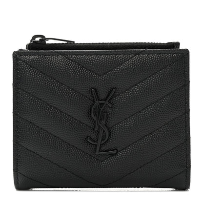 Saint Laurent Grain De Poudre Matelasse Chevron Monogram Zipped Card Case Black 1 of 9