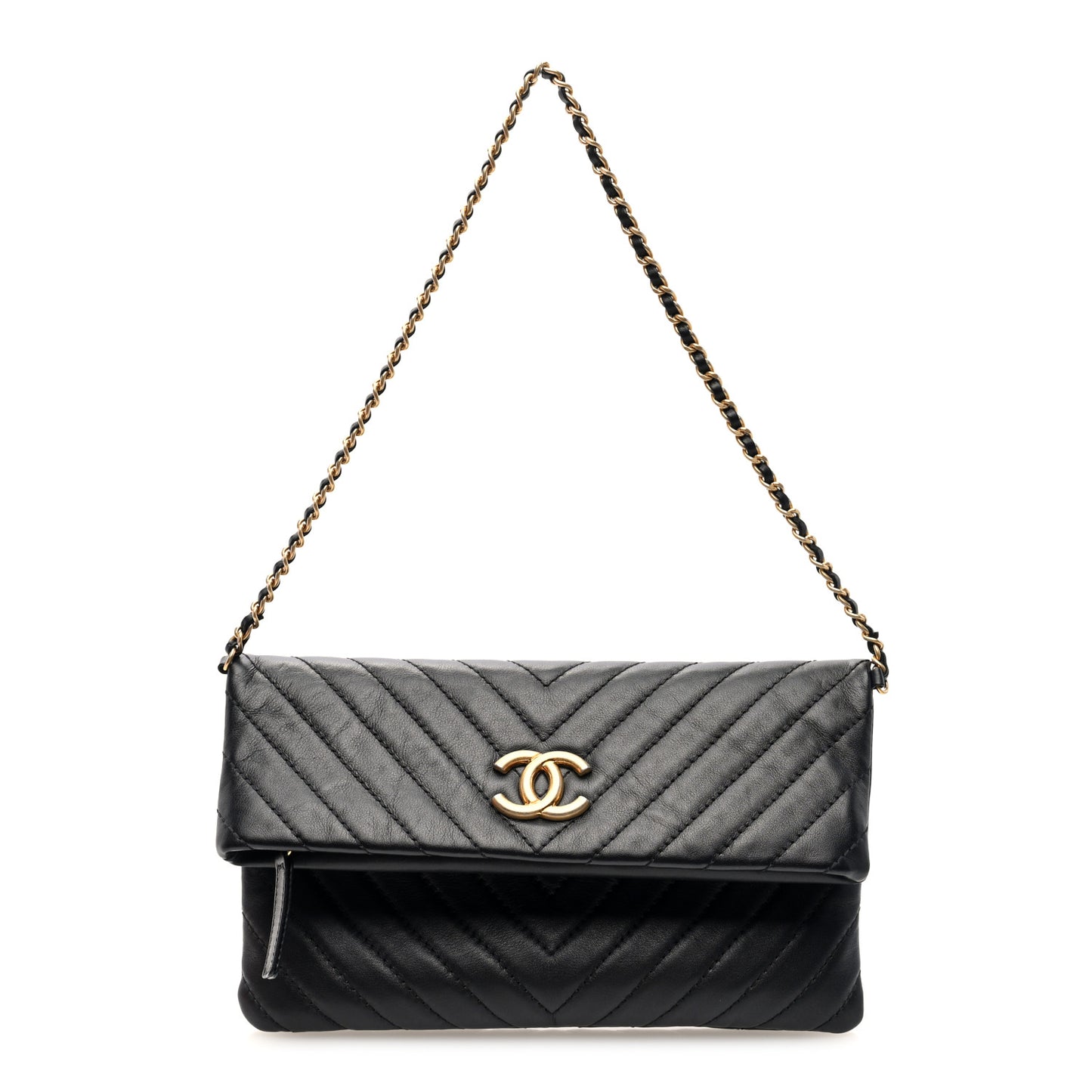 Lambskin Chevron Quilted Fold Over Clutch Black