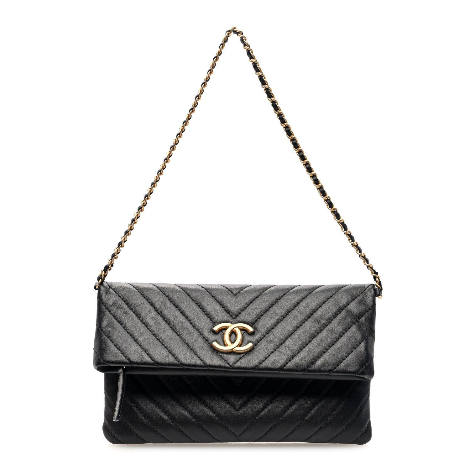 Chanel Lambskin Chevron Quilted Fold Over Clutch Black 1 of 11
