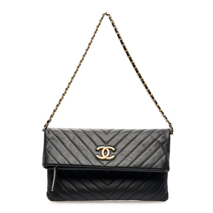 Chanel Lambskin Chevron Quilted Fold Over Clutch Black 1 of 11