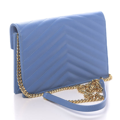 Saint Laurent Grain De Poudre Matelasse Chevron Monogram Envelope Chain Wallet Blue Clair 3 of 11