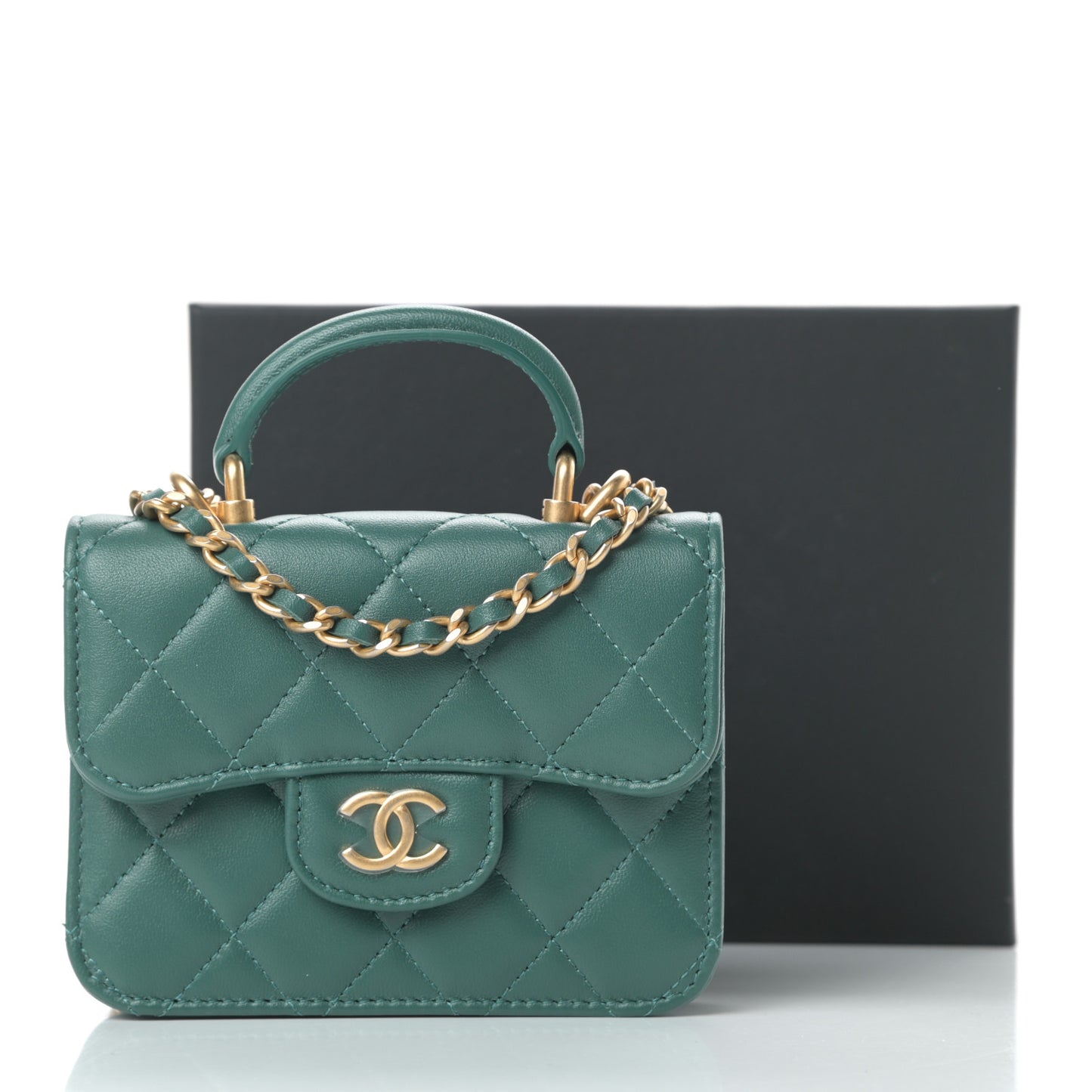 Lambskin Quilted Top Handle Flap Coin Purse With Chain Green