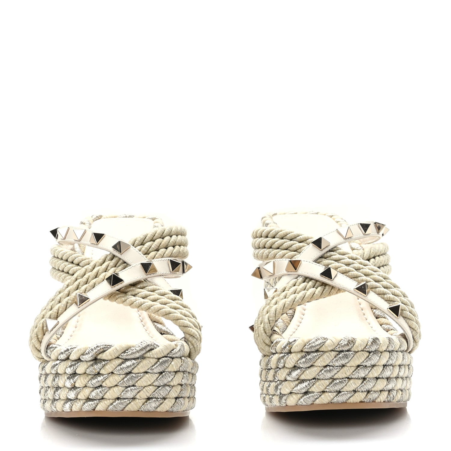 Valentino Garavani Calfskin Silk Rockstud Torchon Espadrille Wedge 25/95mm Slide Sandals 35 Light Ivory 2 of 8