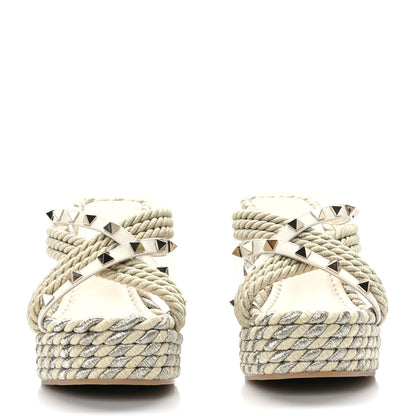 Valentino Garavani Calfskin Silk Rockstud Torchon Espadrille Wedge 25/95mm Slide Sandals 35 Light Ivory 2 of 8