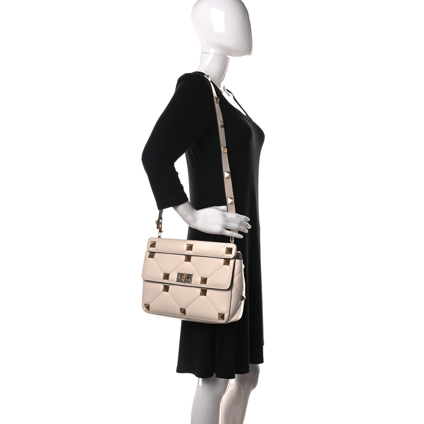 Grained Calfskin Large Roman Stud Shoulder Bag Light Ivory