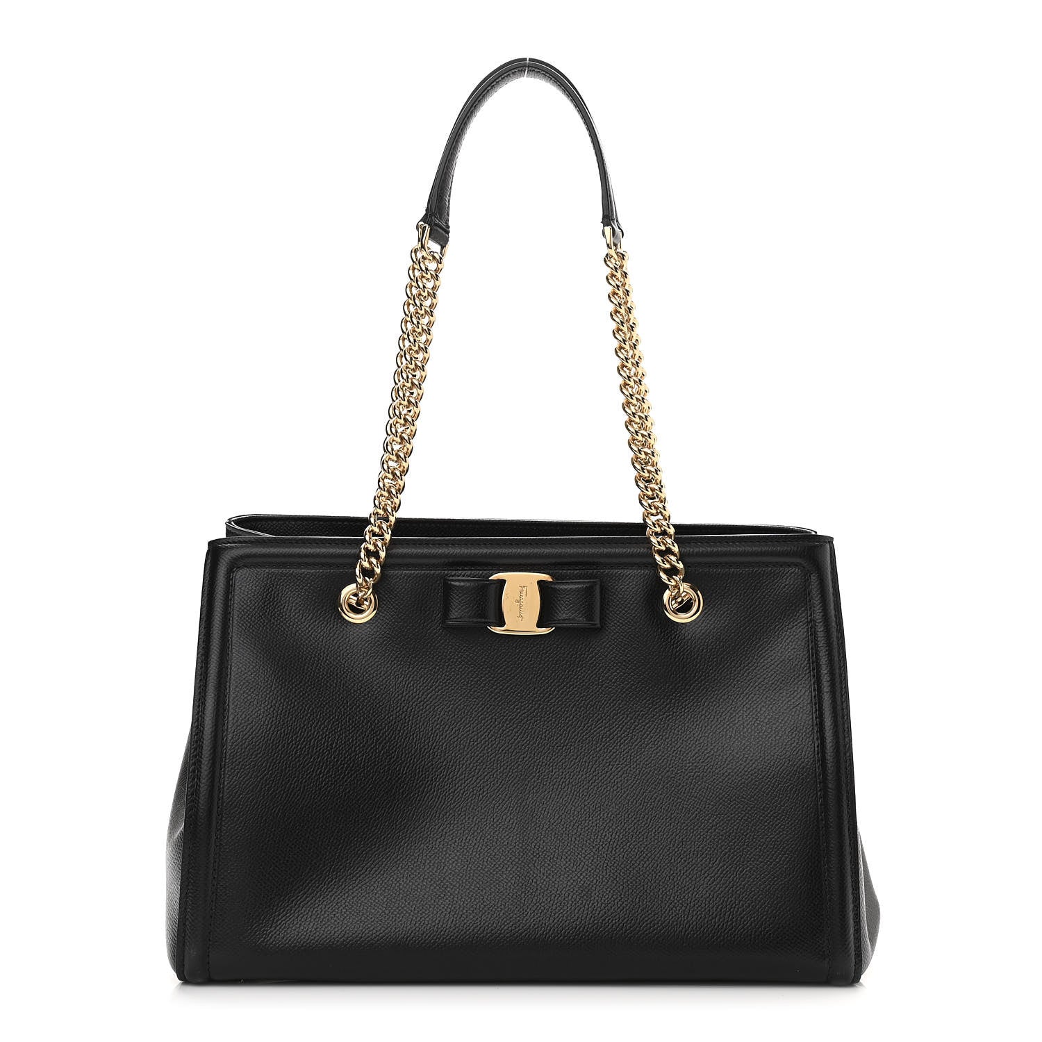 Salvatore Ferragamo Hammered Calfskin Vara Bow Chain Tote Black 1 of 11