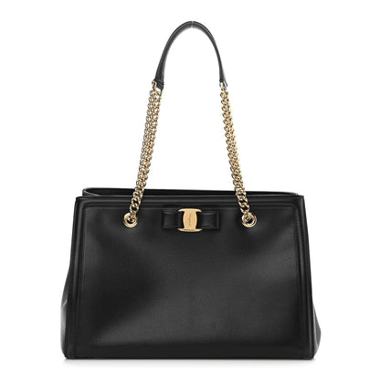 Salvatore Ferragamo Hammered Calfskin Vara Bow Chain Tote Black 1 of 11